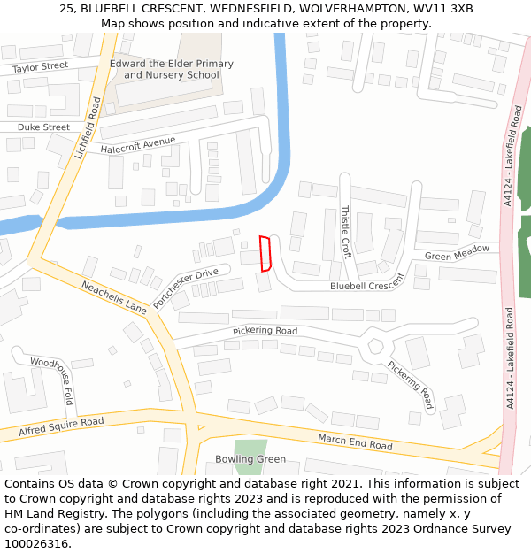 25, BLUEBELL CRESCENT, WEDNESFIELD, WOLVERHAMPTON, WV11 3XB: Location map and indicative extent of plot