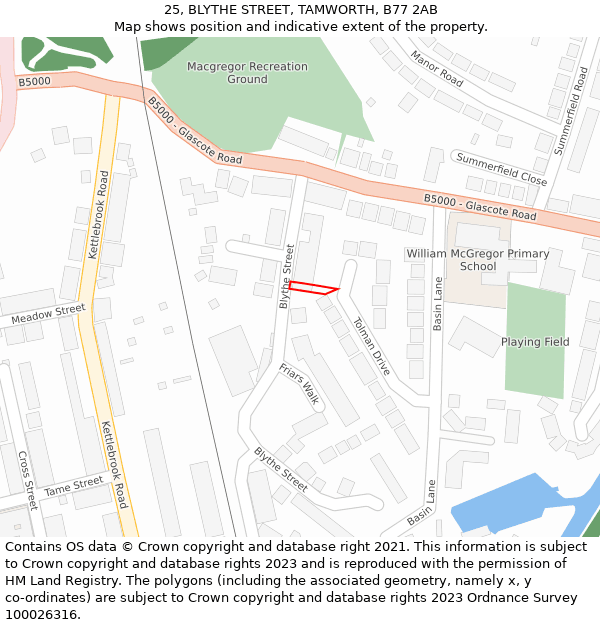25, BLYTHE STREET, TAMWORTH, B77 2AB: Location map and indicative extent of plot