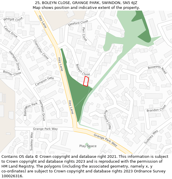 25, BOLEYN CLOSE, GRANGE PARK, SWINDON, SN5 6JZ: Location map and indicative extent of plot