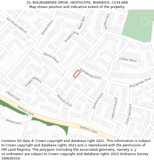 25, BOLINGBROKE DRIVE, HEATHCOTE, WARWICK, CV34 6EB: Location map and indicative extent of plot