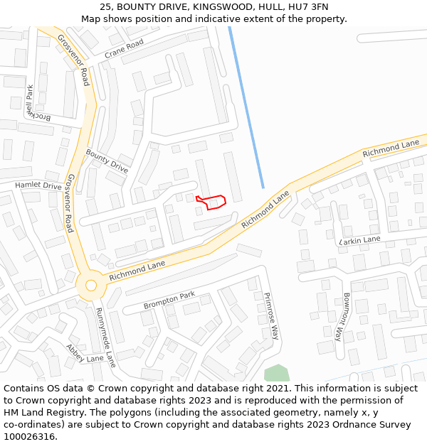 25, BOUNTY DRIVE, KINGSWOOD, HULL, HU7 3FN: Location map and indicative extent of plot