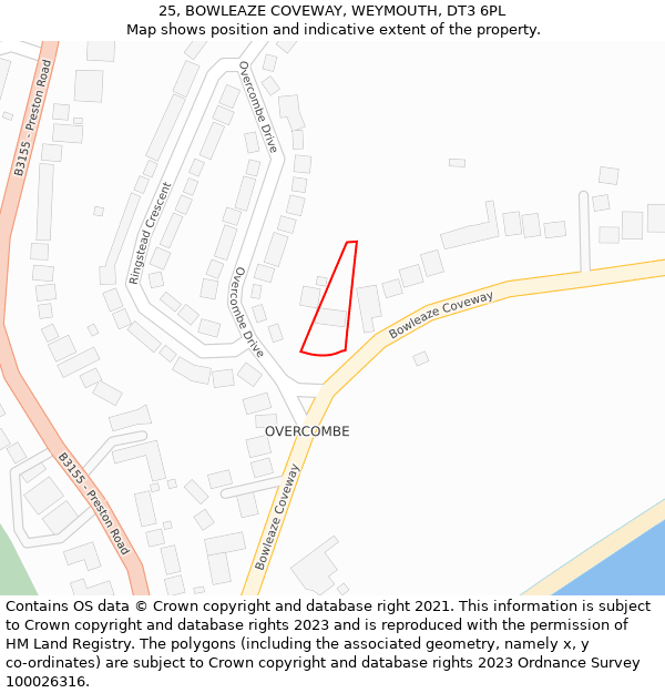 25, BOWLEAZE COVEWAY, WEYMOUTH, DT3 6PL: Location map and indicative extent of plot