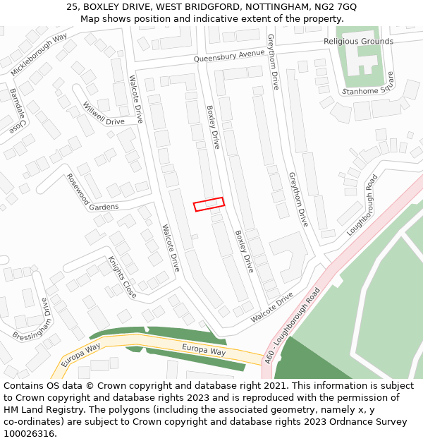 25, BOXLEY DRIVE, WEST BRIDGFORD, NOTTINGHAM, NG2 7GQ: Location map and indicative extent of plot