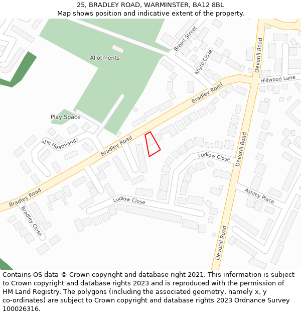 25, BRADLEY ROAD, WARMINSTER, BA12 8BL: Location map and indicative extent of plot