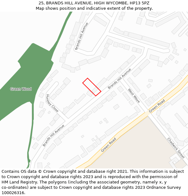 25, BRANDS HILL AVENUE, HIGH WYCOMBE, HP13 5PZ: Location map and indicative extent of plot