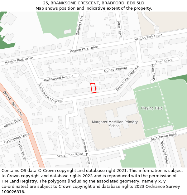 25, BRANKSOME CRESCENT, BRADFORD, BD9 5LD: Location map and indicative extent of plot