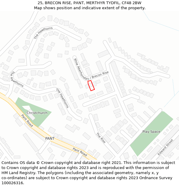 25, BRECON RISE, PANT, MERTHYR TYDFIL, CF48 2BW: Location map and indicative extent of plot