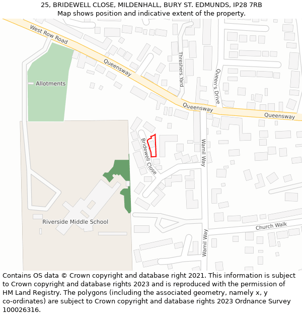 25, BRIDEWELL CLOSE, MILDENHALL, BURY ST. EDMUNDS, IP28 7RB: Location map and indicative extent of plot
