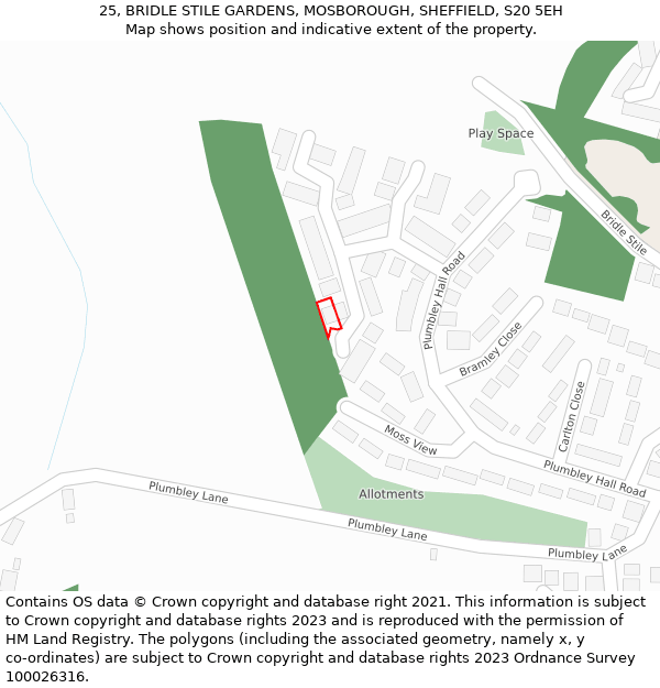 25, BRIDLE STILE GARDENS, MOSBOROUGH, SHEFFIELD, S20 5EH: Location map and indicative extent of plot