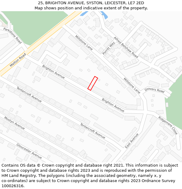 25, BRIGHTON AVENUE, SYSTON, LEICESTER, LE7 2ED: Location map and indicative extent of plot