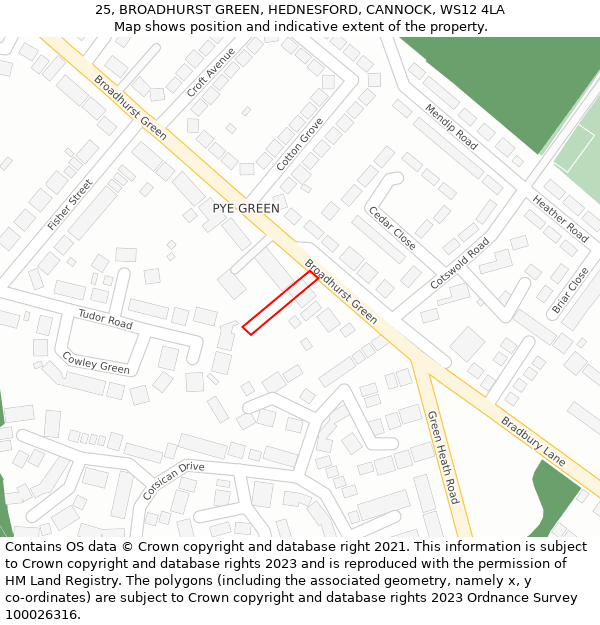 25, BROADHURST GREEN, HEDNESFORD, CANNOCK, WS12 4LA: Location map and indicative extent of plot