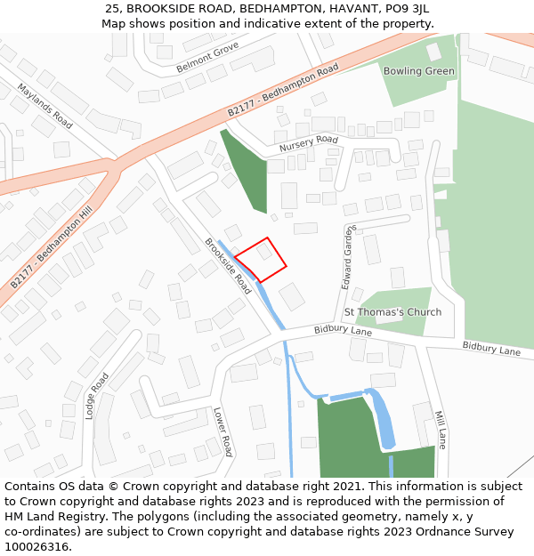 25, BROOKSIDE ROAD, BEDHAMPTON, HAVANT, PO9 3JL: Location map and indicative extent of plot