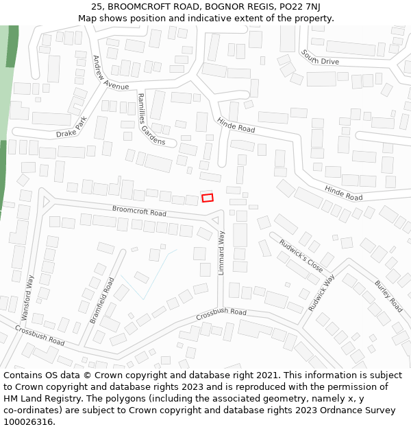 25, BROOMCROFT ROAD, BOGNOR REGIS, PO22 7NJ: Location map and indicative extent of plot