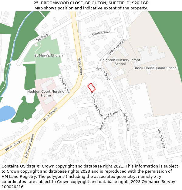 25, BROOMWOOD CLOSE, BEIGHTON, SHEFFIELD, S20 1GP: Location map and indicative extent of plot