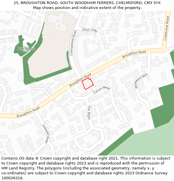 25, BROUGHTON ROAD, SOUTH WOODHAM FERRERS, CHELMSFORD, CM3 5YX: Location map and indicative extent of plot