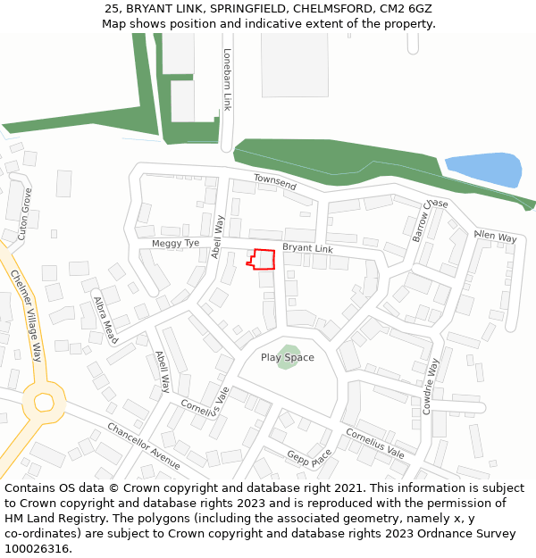 25, BRYANT LINK, SPRINGFIELD, CHELMSFORD, CM2 6GZ: Location map and indicative extent of plot