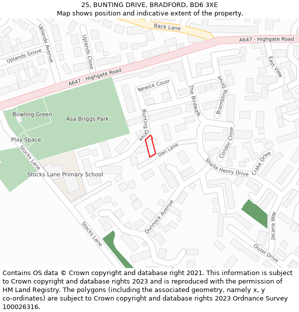 25, BUNTING DRIVE, BRADFORD, BD6 3XE: Location map and indicative extent of plot