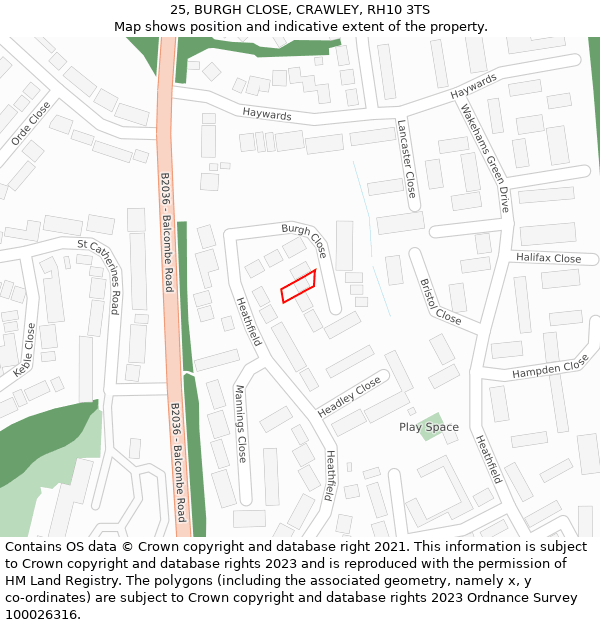 25, BURGH CLOSE, CRAWLEY, RH10 3TS: Location map and indicative extent of plot