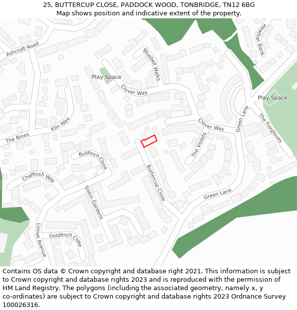 25, BUTTERCUP CLOSE, PADDOCK WOOD, TONBRIDGE, TN12 6BG: Location map and indicative extent of plot