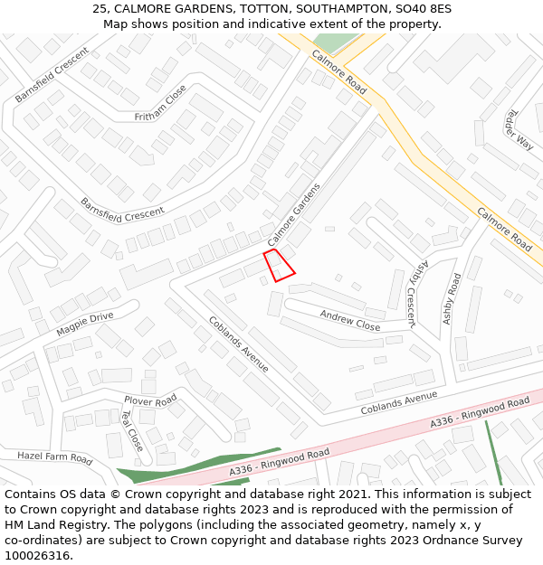 25, CALMORE GARDENS, TOTTON, SOUTHAMPTON, SO40 8ES: Location map and indicative extent of plot