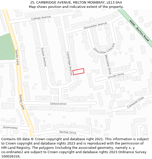 25, CAMBRIDGE AVENUE, MELTON MOWBRAY, LE13 0AA: Location map and indicative extent of plot