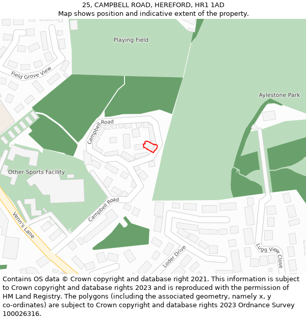 25, CAMPBELL ROAD, HEREFORD, HR1 1AD: Location map and indicative extent of plot