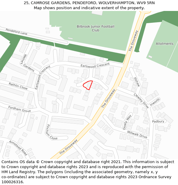 25, CAMROSE GARDENS, PENDEFORD, WOLVERHAMPTON, WV9 5RN: Location map and indicative extent of plot
