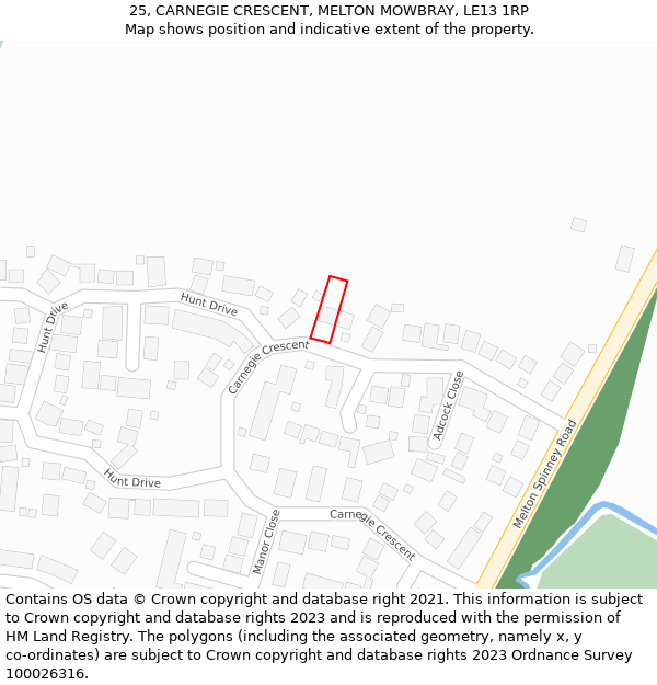 25, CARNEGIE CRESCENT, MELTON MOWBRAY, LE13 1RP: Location map and indicative extent of plot