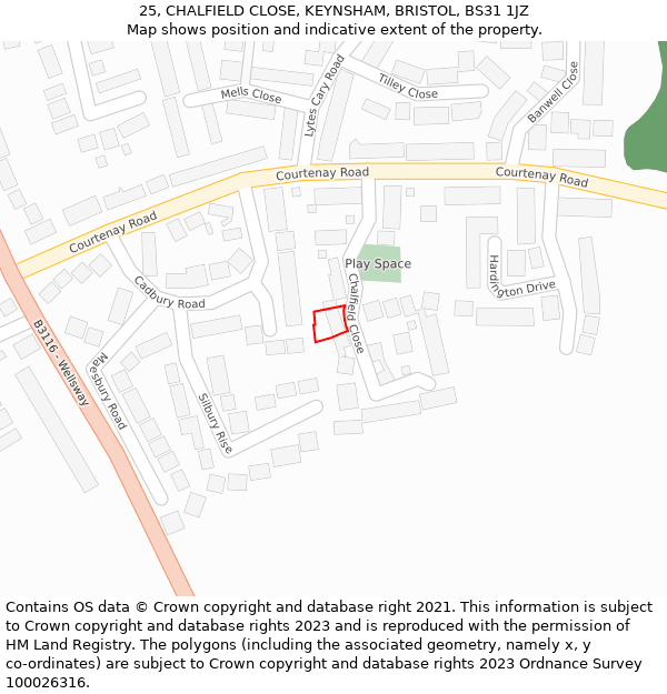 25, CHALFIELD CLOSE, KEYNSHAM, BRISTOL, BS31 1JZ: Location map and indicative extent of plot