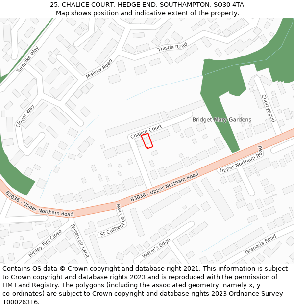 25, CHALICE COURT, HEDGE END, SOUTHAMPTON, SO30 4TA: Location map and indicative extent of plot