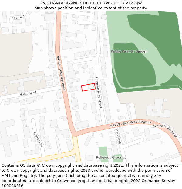 25, CHAMBERLAINE STREET, BEDWORTH, CV12 8JW: Location map and indicative extent of plot