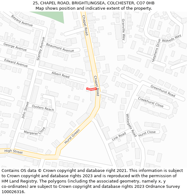 25, CHAPEL ROAD, BRIGHTLINGSEA, COLCHESTER, CO7 0HB: Location map and indicative extent of plot