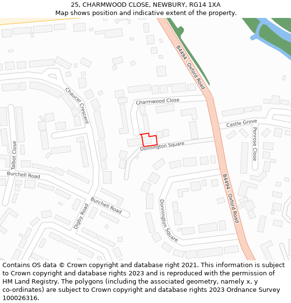 25, CHARMWOOD CLOSE, NEWBURY, RG14 1XA: Location map and indicative extent of plot