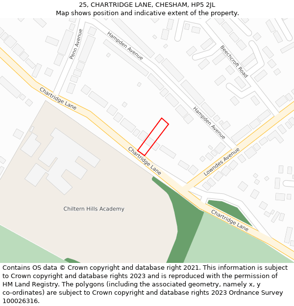 25, CHARTRIDGE LANE, CHESHAM, HP5 2JL: Location map and indicative extent of plot