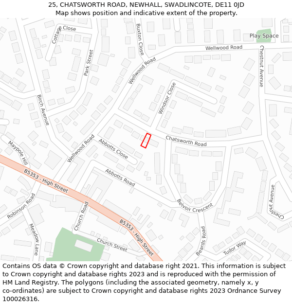 25, CHATSWORTH ROAD, NEWHALL, SWADLINCOTE, DE11 0JD: Location map and indicative extent of plot