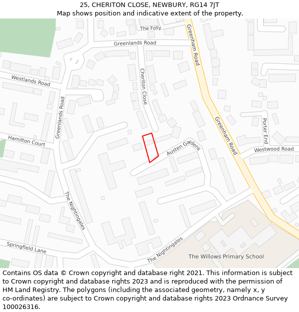 25, CHERITON CLOSE, NEWBURY, RG14 7JT: Location map and indicative extent of plot
