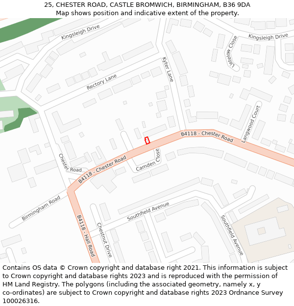 25, CHESTER ROAD, CASTLE BROMWICH, BIRMINGHAM, B36 9DA: Location map and indicative extent of plot