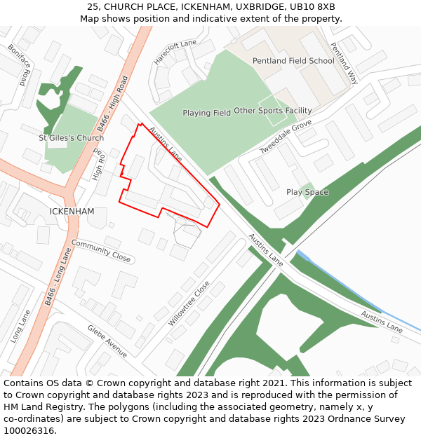 25, CHURCH PLACE, ICKENHAM, UXBRIDGE, UB10 8XB: Location map and indicative extent of plot