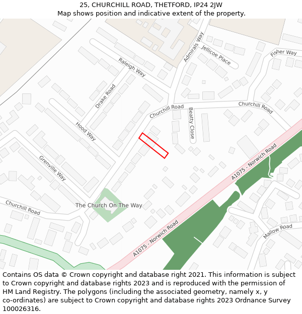 25, CHURCHILL ROAD, THETFORD, IP24 2JW: Location map and indicative extent of plot