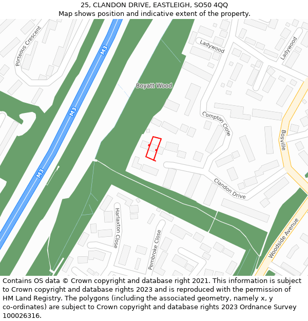 25, CLANDON DRIVE, EASTLEIGH, SO50 4QQ: Location map and indicative extent of plot