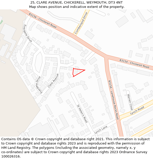 25, CLARE AVENUE, CHICKERELL, WEYMOUTH, DT3 4NT: Location map and indicative extent of plot