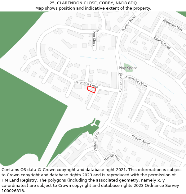 25, CLARENDON CLOSE, CORBY, NN18 8DQ: Location map and indicative extent of plot