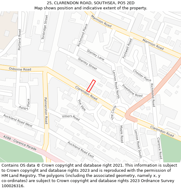 25, CLARENDON ROAD, SOUTHSEA, PO5 2ED: Location map and indicative extent of plot