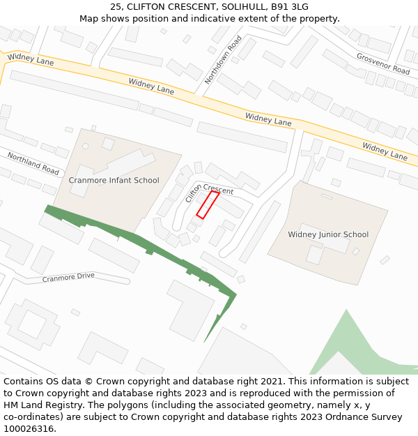 25, CLIFTON CRESCENT, SOLIHULL, B91 3LG: Location map and indicative extent of plot