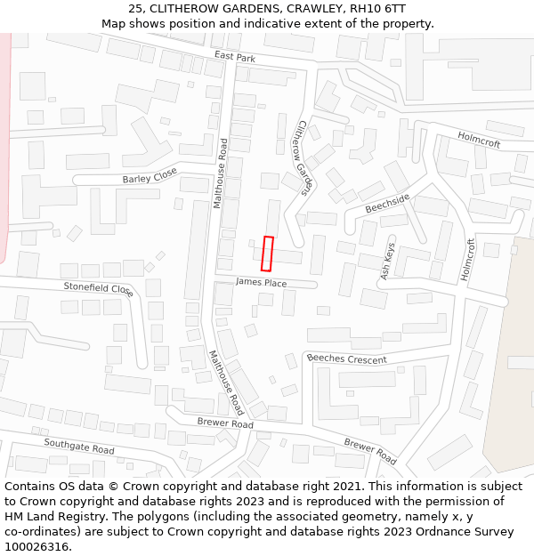 25, CLITHEROW GARDENS, CRAWLEY, RH10 6TT: Location map and indicative extent of plot