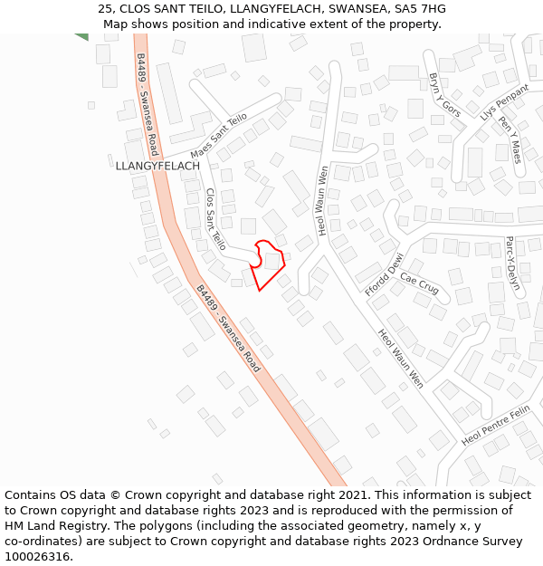 25, CLOS SANT TEILO, LLANGYFELACH, SWANSEA, SA5 7HG: Location map and indicative extent of plot