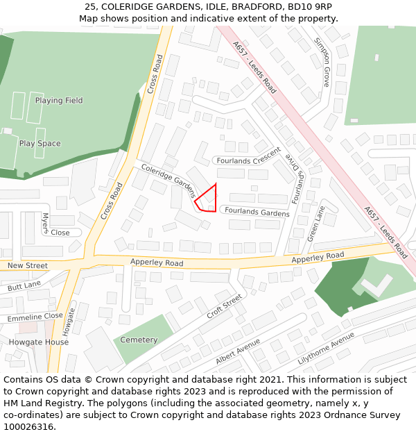 25, COLERIDGE GARDENS, IDLE, BRADFORD, BD10 9RP: Location map and indicative extent of plot