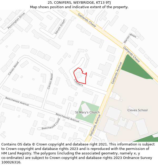 25, CONIFERS, WEYBRIDGE, KT13 9TJ: Location map and indicative extent of plot