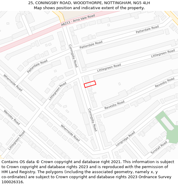 25, CONINGSBY ROAD, WOODTHORPE, NOTTINGHAM, NG5 4LH: Location map and indicative extent of plot