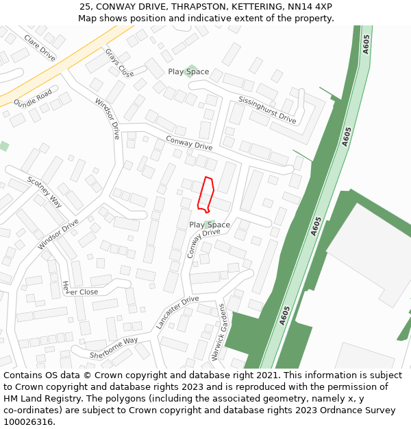 25, CONWAY DRIVE, THRAPSTON, KETTERING, NN14 4XP: Location map and indicative extent of plot